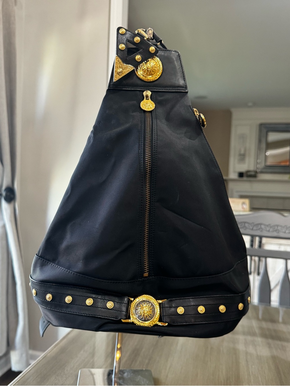 Versace Black Nylon Sling Backpack with Gold Medallion Accents